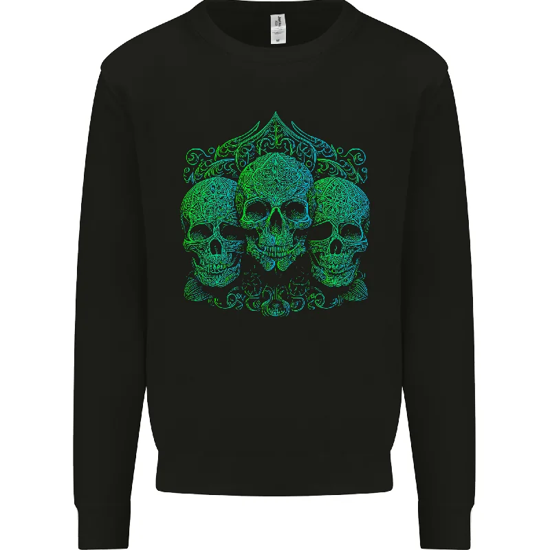 3 Ornate Green Skulls Gothic Goth Mens Sweatshirt Jumper Hoodie with Rhinestones Sparkly Elegant