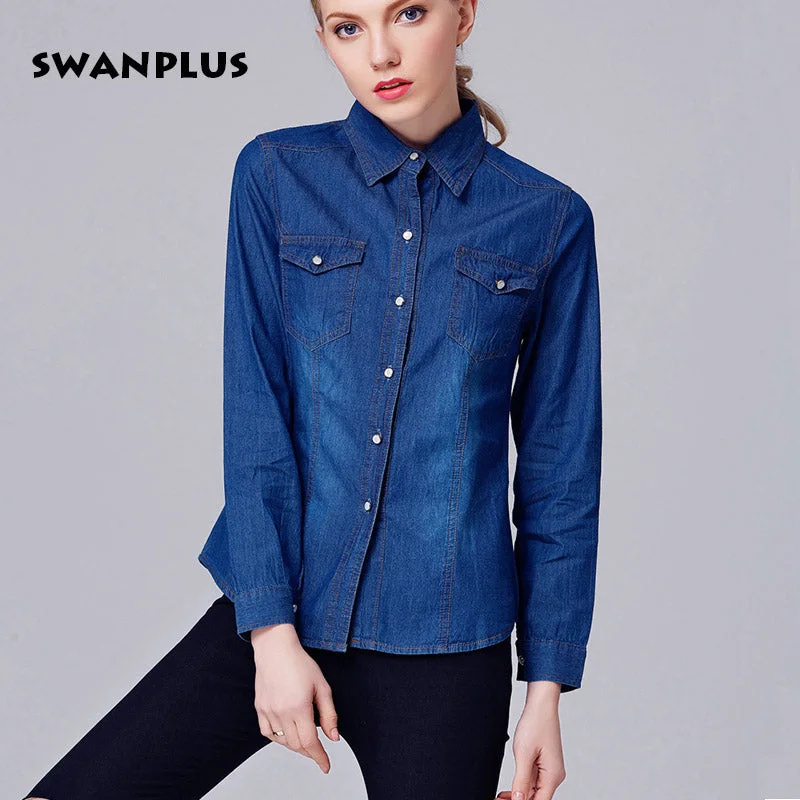 Womens Fashion Denim Shirt Lapel Neck 2018 Spring Autumn Female Cowboy Tops Long Sleeve with Pockets Ladies Cowgirl Blouses Blue Casual Relaxed Fit Blouse