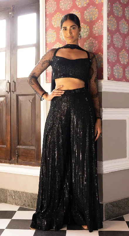 Black Embroidered Sequins Blouse & Sharara Set Feminine Ruffle Blouse