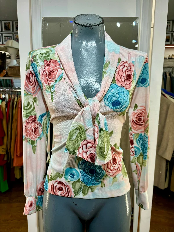 70’s Pink Multicolor Flower Print Blouse With Bow High Neck Blouse