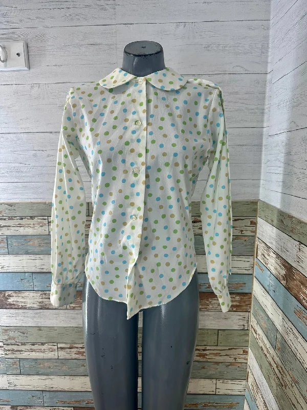 60’s Off White Multicolor Dot Print Blouse With Peter Pan Collar By Lady Manhattan Feminine Puff Blouse