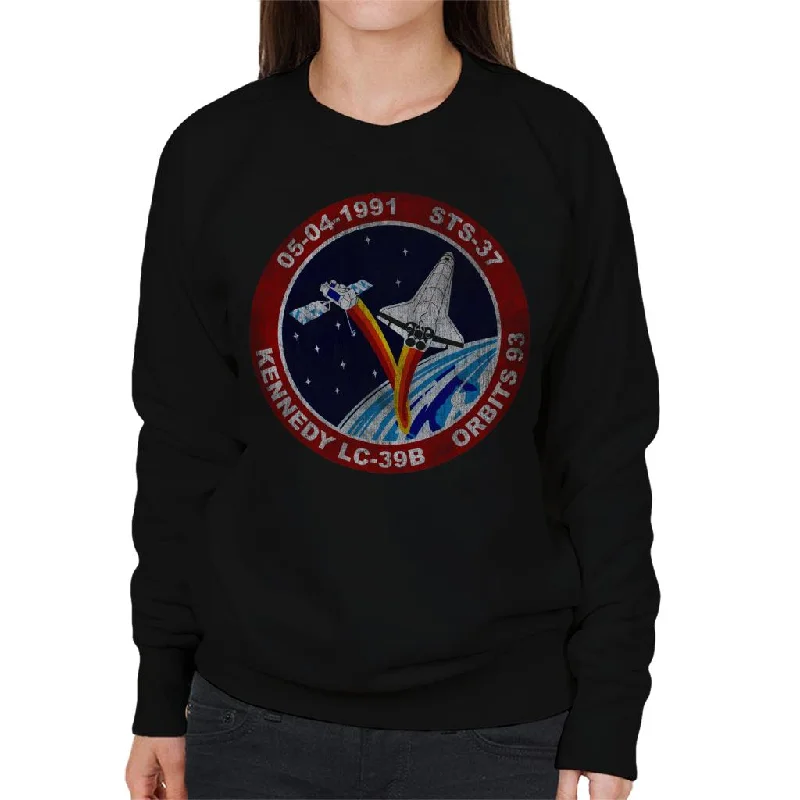 NASA STS 37 Atlantis Mission Badge Distressed Women's Sweatshirt Hoodie with Drawstring Waist Adjustable Fitted