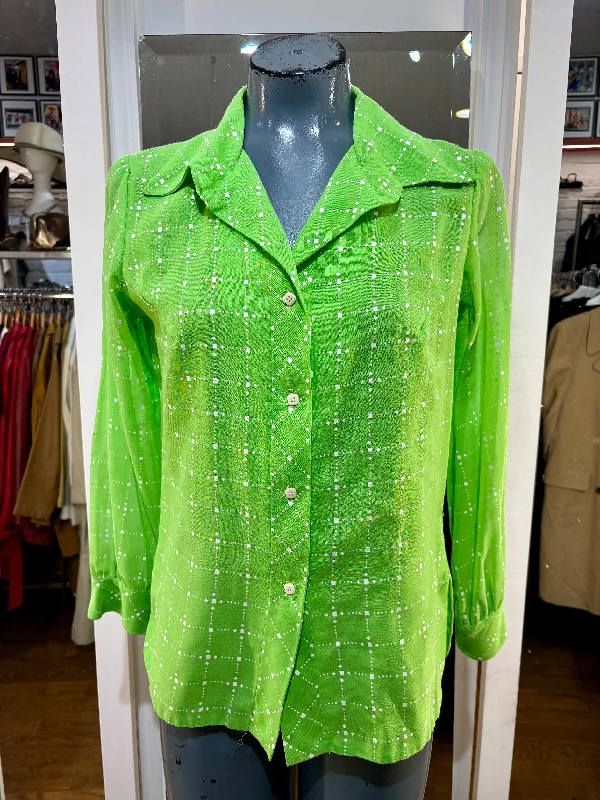 70’s Lime Green Long Sleeve Blouse Embroidered Cotton Blouse