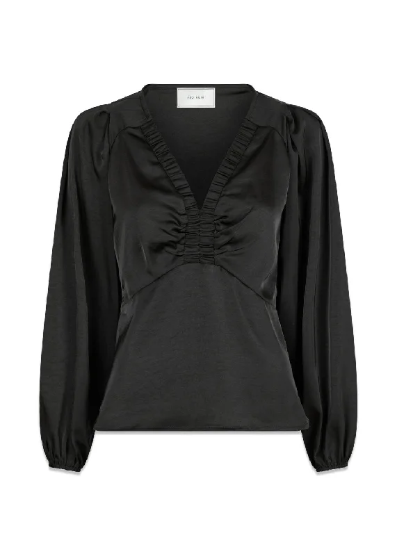 Istana Heavy Sateen Blouse - Black Drape Neck Blouse