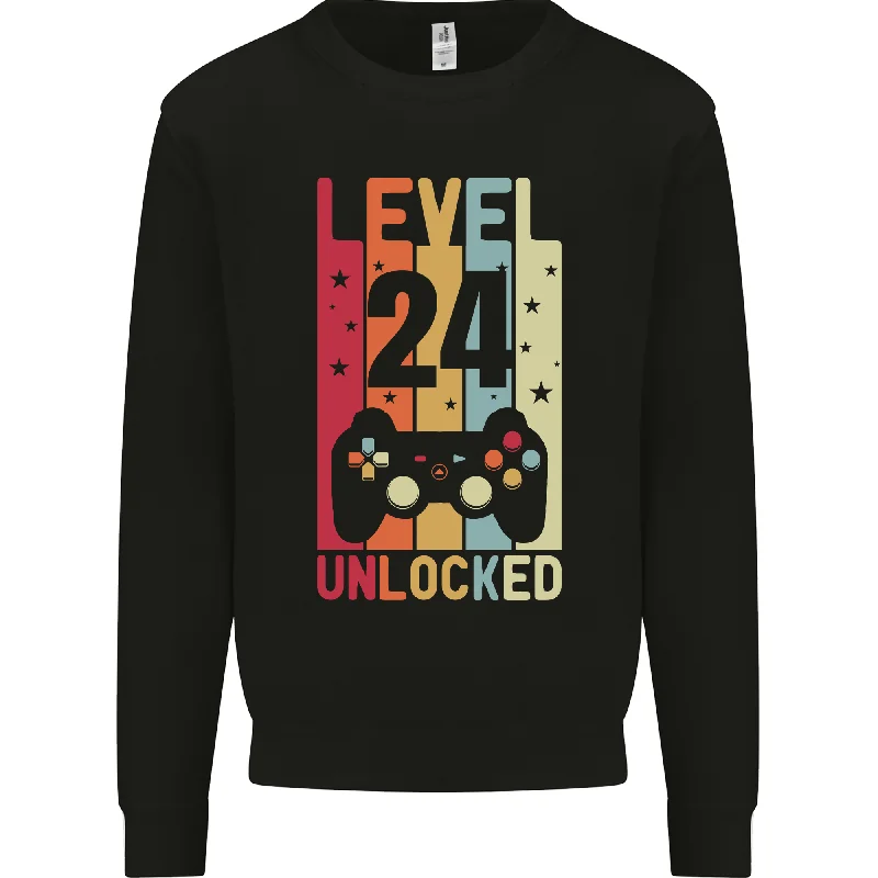 24th Birthday 24 Year Old Level Up Gaming Mens Sweatshirt Jumper Hoodie with Lining Warm Insulated