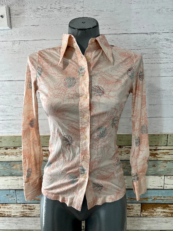 70’s Pastel Pink Abstract Print Long Sleeve Disco Blouse By Huk A Poo Satin Drape Blouse