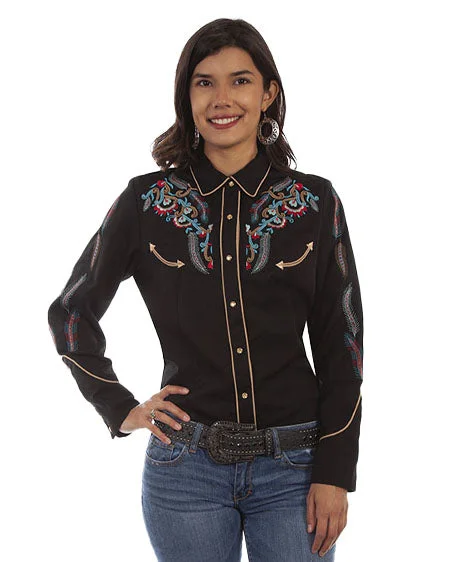 Women's Floral & Feather Embroidered Blouse Pl-878-Blk Casual Relaxed Blouse