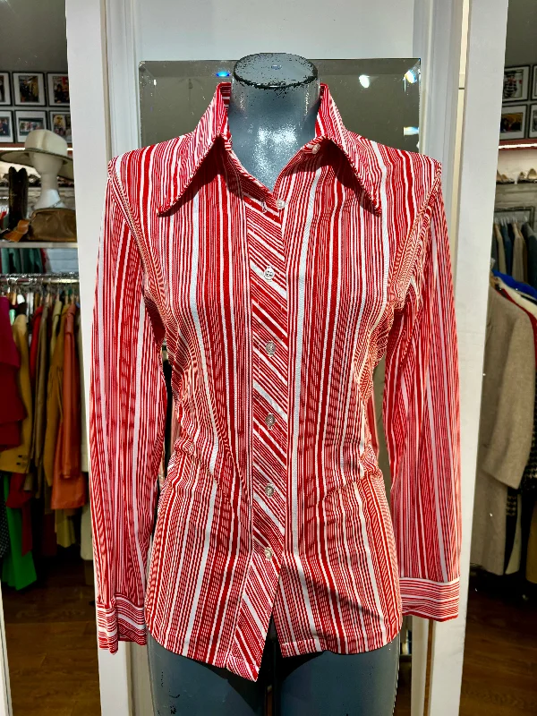 70’s Red and White Vertical Style Stripes Long Sleeve Blouse Soft Knit Blouse