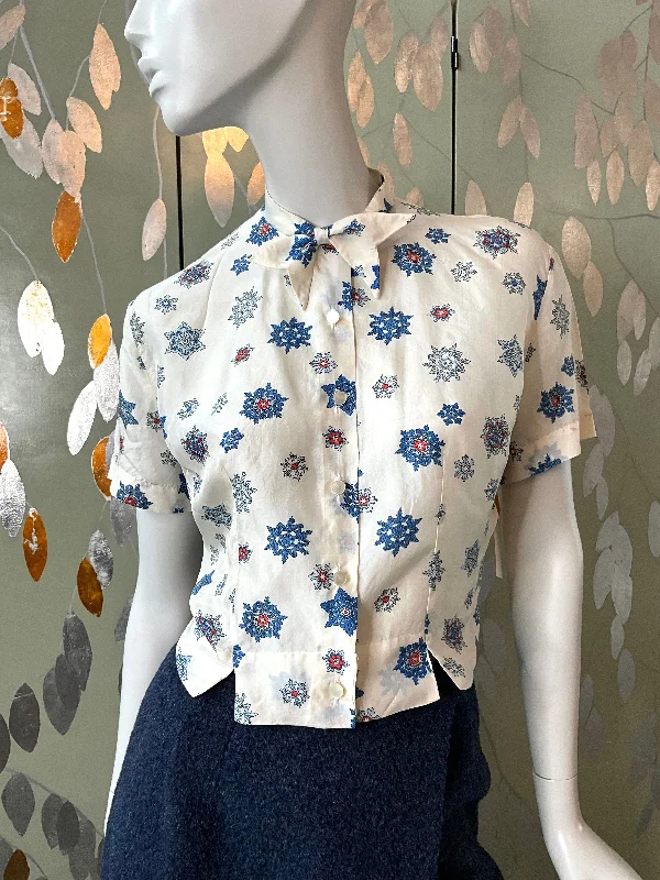 Vintage 1960s White and Blue Silk Blouse with Bow, Med Floral Print Blouse