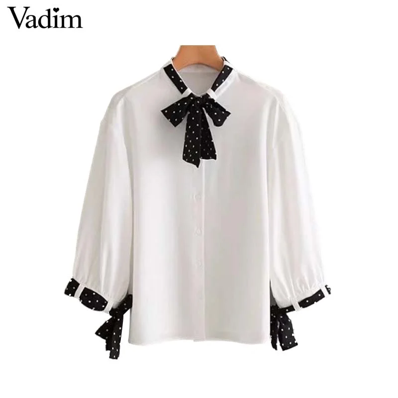 Vadim women elegant spliced chiffon loose shirts see through bow tie blouse ladies brand office wear chic tops blusas LT2769 Gathered Detail Blouse