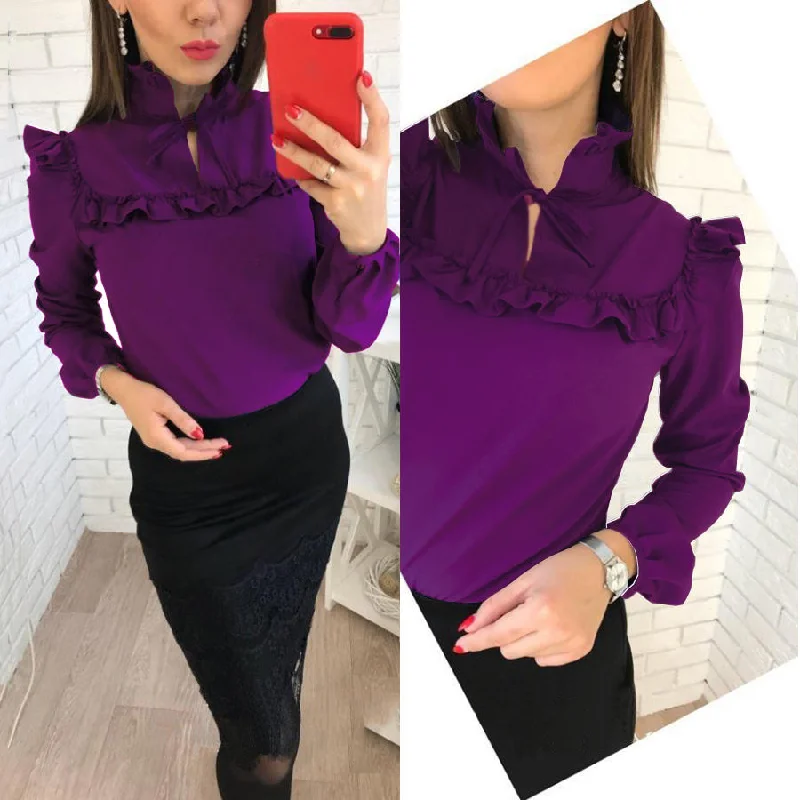 Women Fashion Long Sleeve Ruffles Loose Blouses Tops 2018 New lady Summer Casual Party Purple Navy blue Office Shirt blouse Slim Fit Blouse