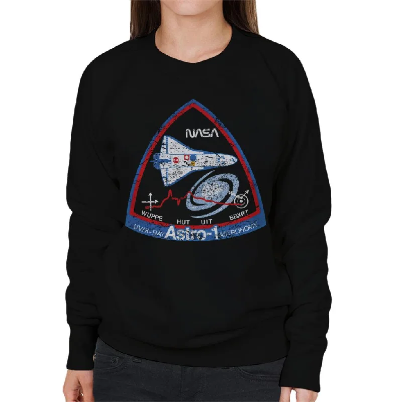 NASA ASTRO 1 Observatory STS 35 Mission Badge Distressed Women's Sweatshirt Hoodie with Back Slit Movement Comfort