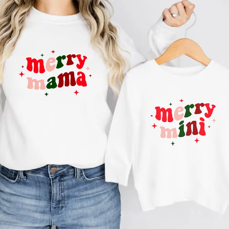 Merry Mama & Merry Mini Matching Christmas Sweatshirts Hoodie with Half-Zip Sporty Casual