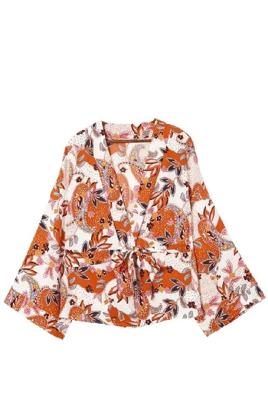 Spice Blossom Floral Wrap Kimono Blouse Loose Oversized Blouse