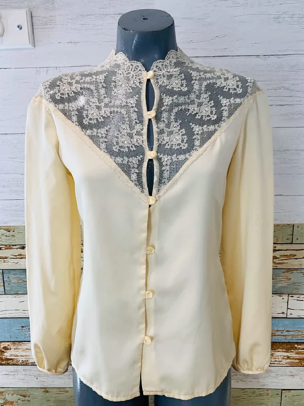 70’s Long Sleeve Cream Colored Lace Blouse Semi-Sheer Blouse