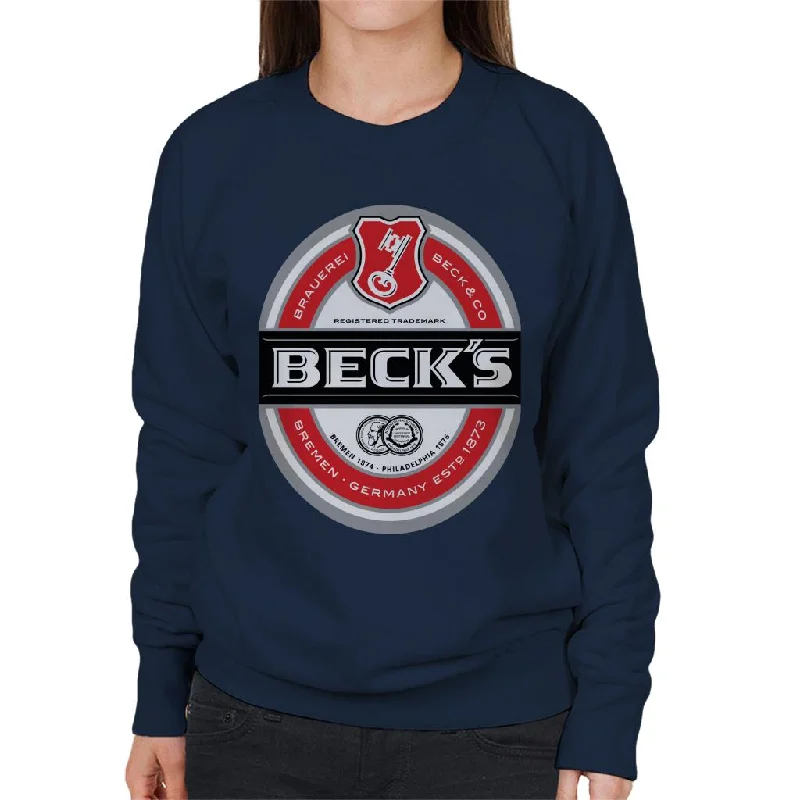 Beck's Brauerei Label Women's Sweatshirt Hoodie with Drawstring Waist Adjustable Fitted Beck's Brauerei Label Women's Sweatshirt Hoodie with Drawstring Waist Adjustable Fitted