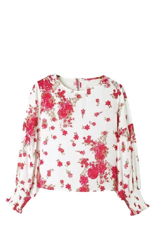 Round Neck Bishop Sleeves Floral Blouse Soft Knit Blouse