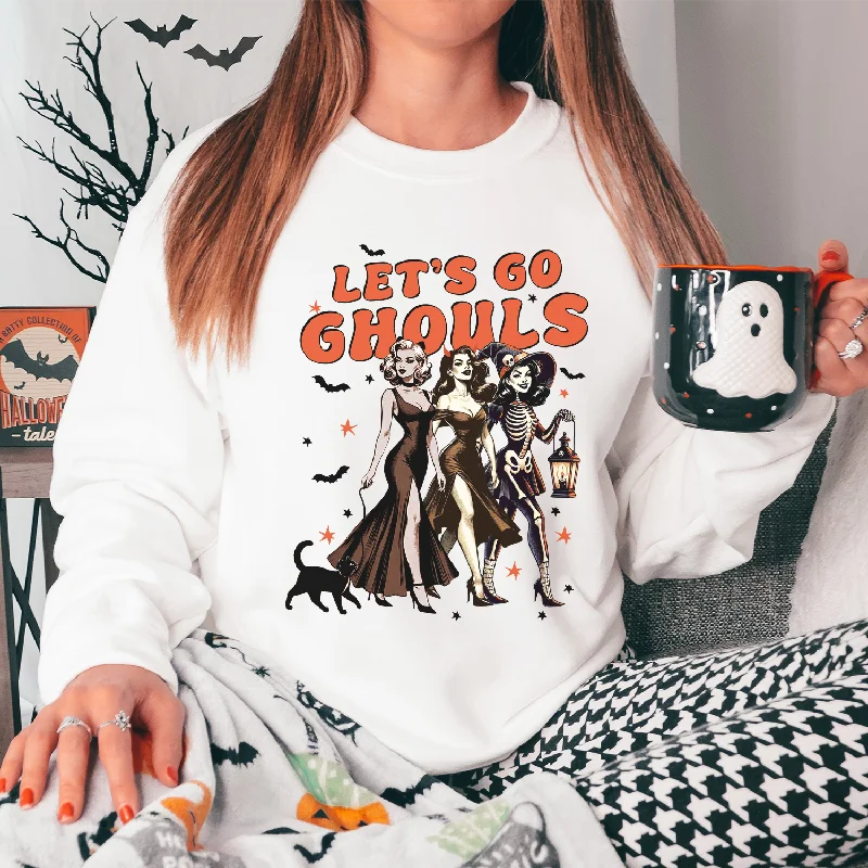 Let's Go Ghouls Retro Graphic Halloween Sweatshirt Hoodie with Tied Waist Feminine Flattering