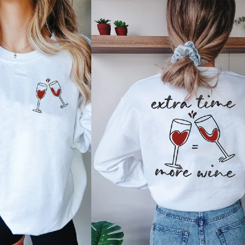 Extra Time More Wine Front & Back Graphic White Sweatshirt Hoodie with Hem Fringe Bohemian Relaxed