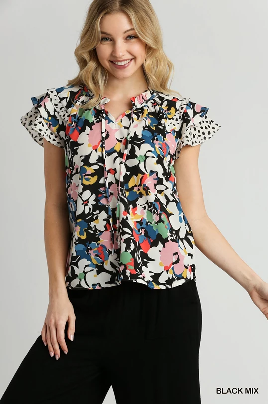 Mixed Floral & Dalmatian Print Blouse Sheer Mesh Blouse