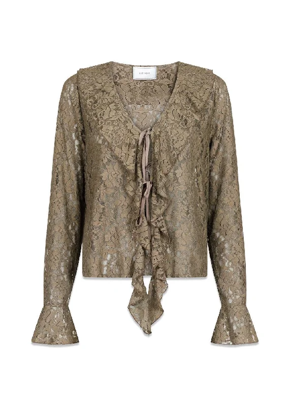 Anika Lace Blouse - Taupe Gathered Detail Blouse