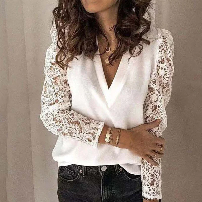 Women V-neck Lace Hollow Out Blouse Patchwork Long Sleeve White Office Ladies Double-Layered Blouse