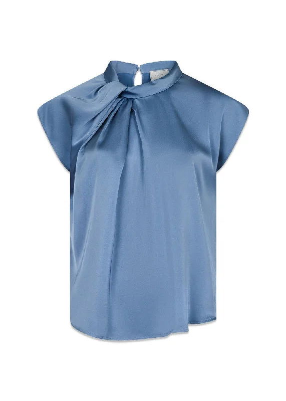 Fleur Drapy Satin Blouse - Dusty Blue Short Sleeve Blouse