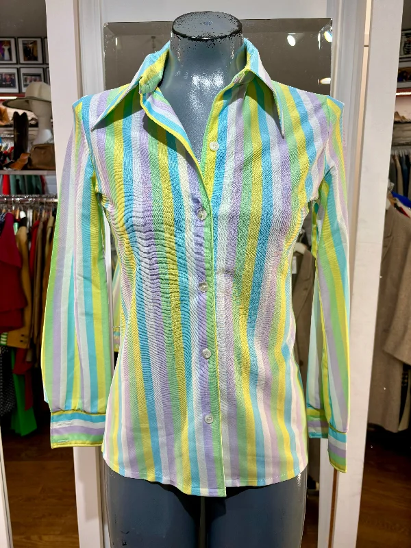 70’s Mint candy Stripe Long Sleeve Blouse Airy Cotton Blouse