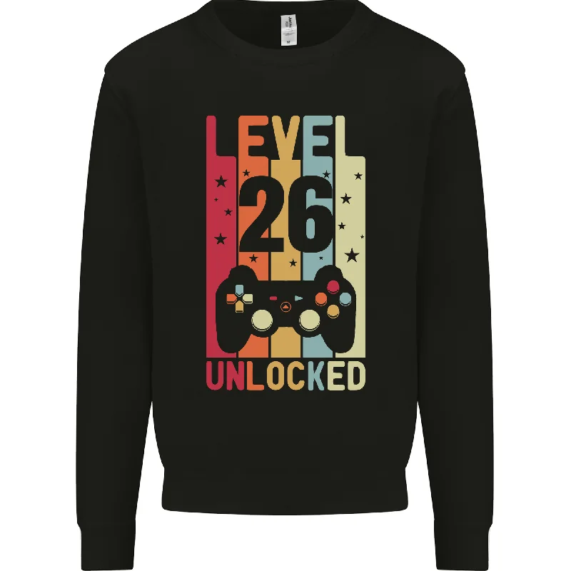 26th Birthday 26 Year Old Level Up Gaming Mens Sweatshirt Jumper Hoodie with Puffed Sleeves Voluminous Trendy