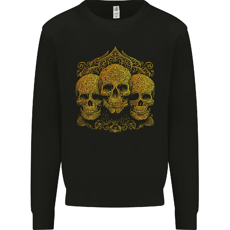 3 Ornate Gold Skulls Gothic Goth Mens Sweatshirt Jumper Hoodie with Drawcord Adjustable Secure