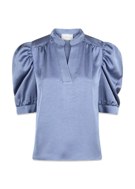 Roella Heavy Sateen Blouse - Smoke Blue Sheer Sleeve Blouse