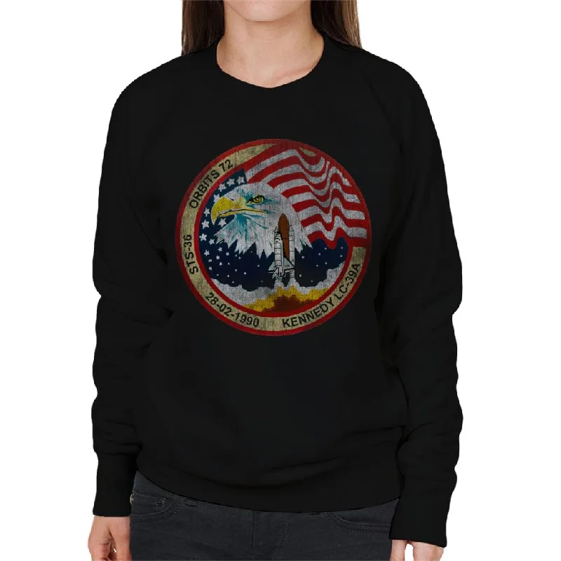 NASA STS 36 Atlantis Mission Badge Distressed Women's Sweatshirt Hoodie with Belted Waist Structured Tailored