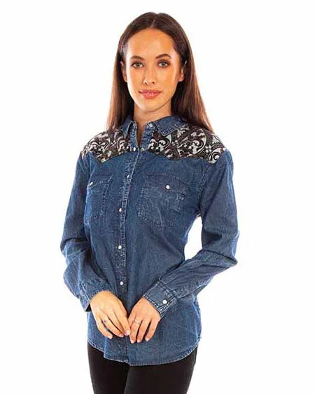 Women's Denim Blouse with Jacquard Contrast Embroidered Cotton Blouse