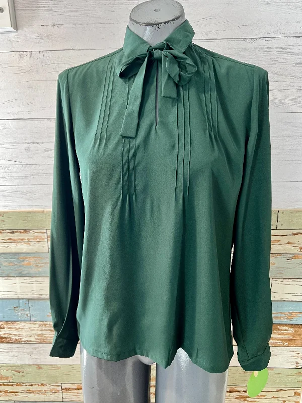 80’s Bottle Green Blouse With String Bow By J. G. Hook Sheer Mesh Blouse