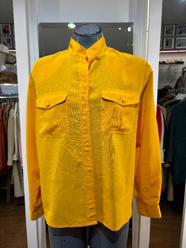 90’s Bright Yellow Mandarine Neck Long Sleeve Blouse Silky Tunic Blouse