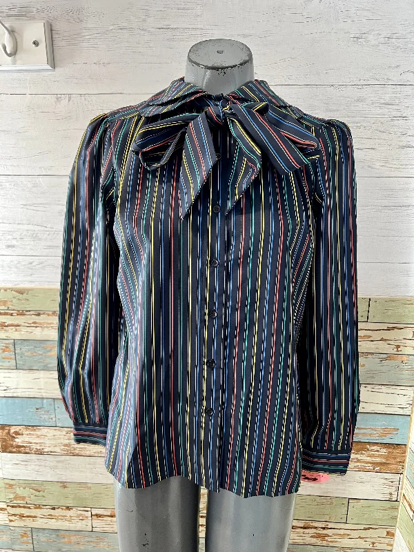 80’s Black Multicolor Stripe Double Peter Pan Collar Blouse By Jack Mulqueen Loose Fit Blouse