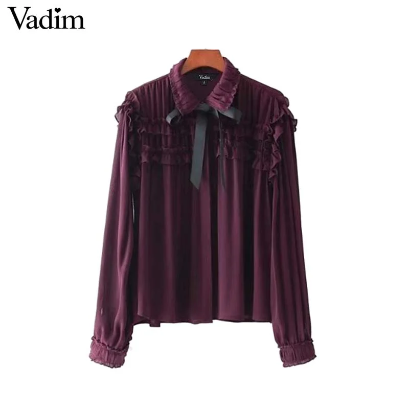 Vadim women sweet ruffled chiffon shirts bow tie neck transparent pleated long sleeve cute blouse casual chic tops blusas LT2453 Casual Relaxed Fit Blouse