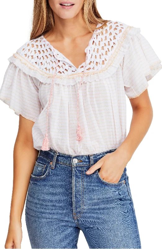 Free People Womens Allora Crochet Short Sleeves Blouse Pleated Collar Blouse