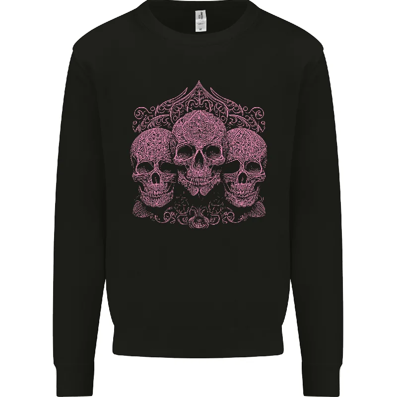 3 Ornate Pink Skulls Gothic Goth Mens Sweatshirt Jumper Hoodie with Tie-Dye Psychedelic Retro