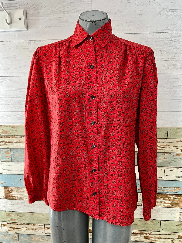 80’s Red Parsley Print Long Sleeve Blouse Loose Oversized Blouse