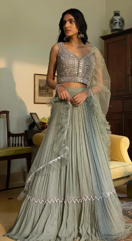 Slate grey pleated lehenga with applique mirror emboidered blouse Sweetheart Neck Blouse