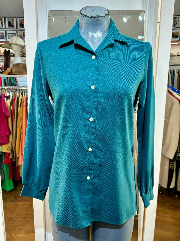 80’s Forrest Green Button Up Blouse By Cacharel Pleated Collar Blouse