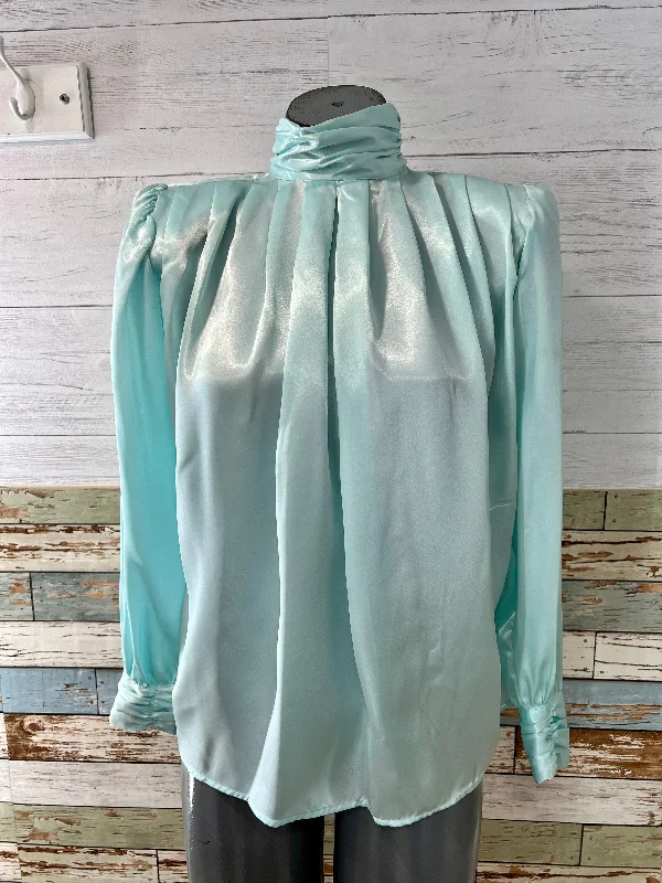 80’s Light Blue Turtle Neck front Plaid Blouse Satin Bow Blouse