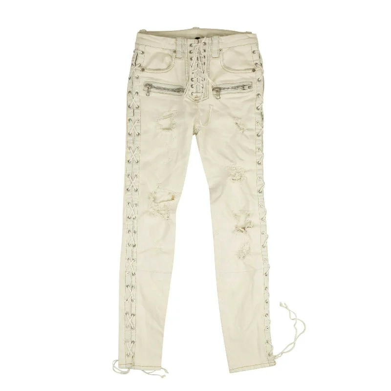 Unravel Project Washout Denim Side Lace Up Skinny Jeans - White Fashionable Button-Front Jeans Unravel Project Washout Denim Side Lace Up Skinny Jeans - White Fashionable Button-Front Jeans
