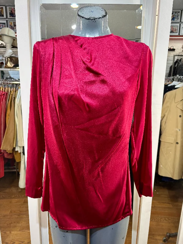 90’s Burgundy Silk Pleaded Crew Neck Long Sleeve Blouse Ruched Sleeve Blouse