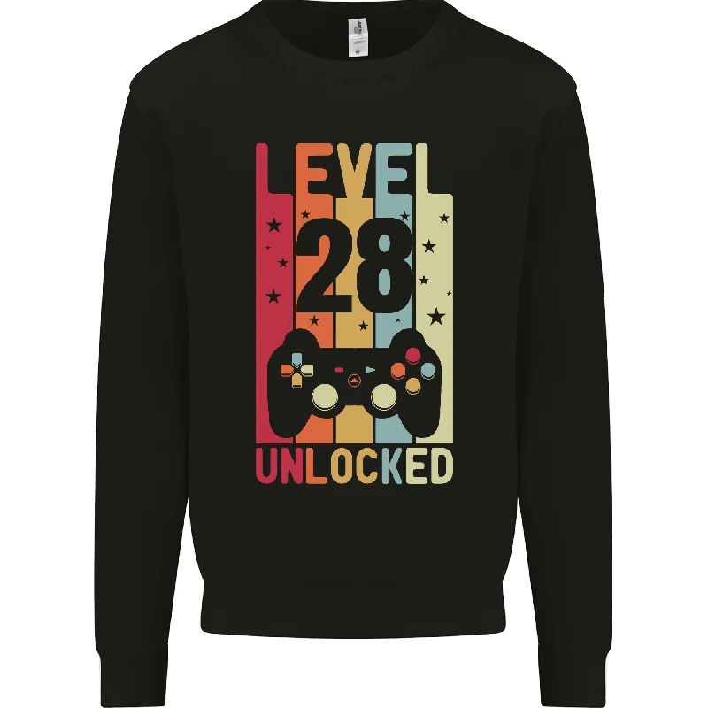 28th BIRTHDAY Level Up Gaming Sweatshirt | 28 Year Old Men's Jumper Hoodie with Drawstring Waist Adjustable Fitted