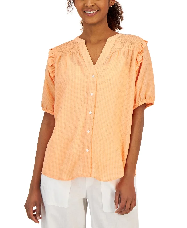 Women's Short Sleeve Smocked Yoke Blouse Off-Shoulder Wrap Blouse