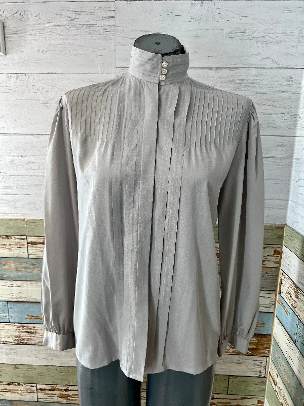 80’s Cement Gray Pleaded Bust Blouse By Ann Chabrol Soft Satin Blouse