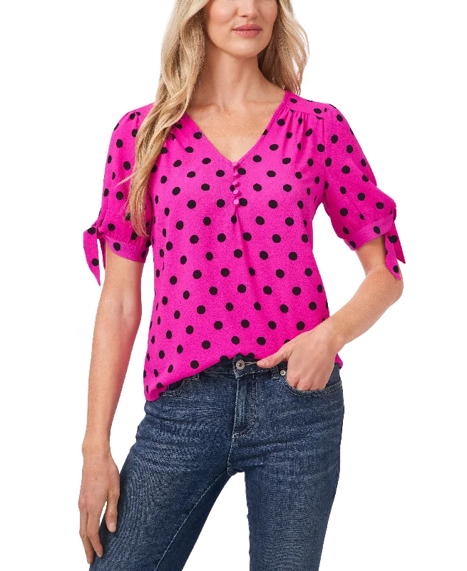 Women's Disco Dot Tie-Sleeve Short Sleeve Blouse Drape Neck Blouse