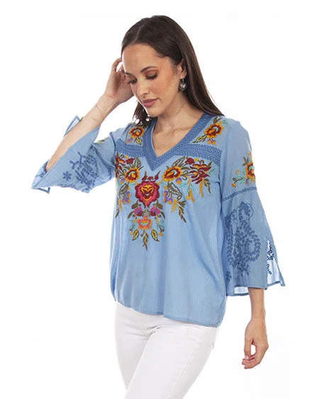 Women's Floral Embroidered Blouse Silky Tunic Blouse